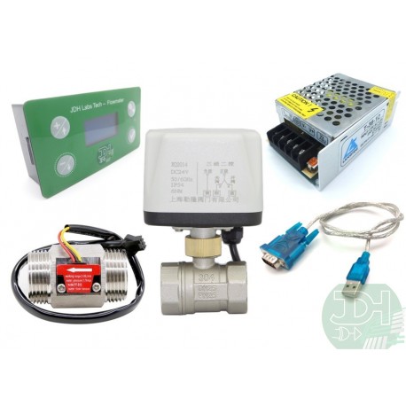 Control Flujo: Contador Litros, Sensor flujo Dn25 Acero, Válvula, Fuente de poder y cable de datos