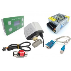 Control Flujo: Contador Litros, Sensor flujo Dn15 Acero, Válvula, Fuente de poder y cable de datos